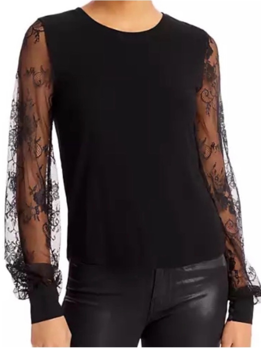 #751 GENERATION LOVE Black Lace-Sleeve Crewneck 4-Button Cuff Super Soft Top